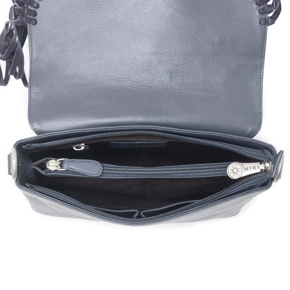Wild West Fringe Leather Crossbody Bag in Ash Denim
