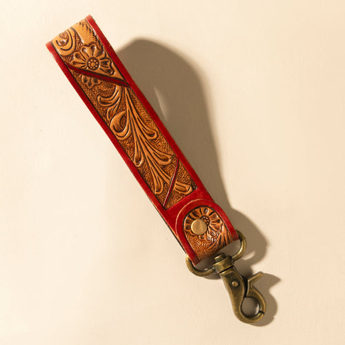 Canyon Pass Handtooled Leather Key Fob in Terracotta Saddle