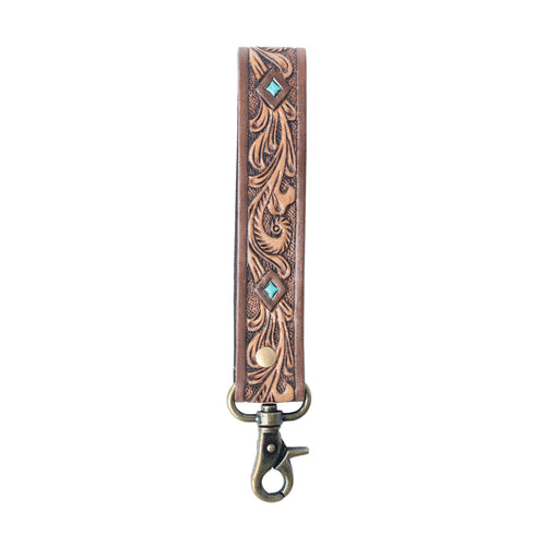 Spirit Stone Handtooled Leather Keyfob in Mahogany Brown