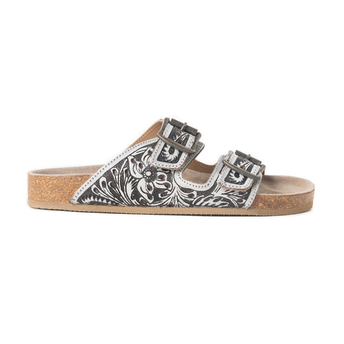 Mesa Scroll Handtooled Sandals in Black & White