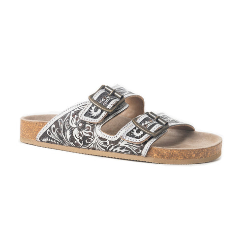 Mesa Scroll Handtooled Sandals in Black & White