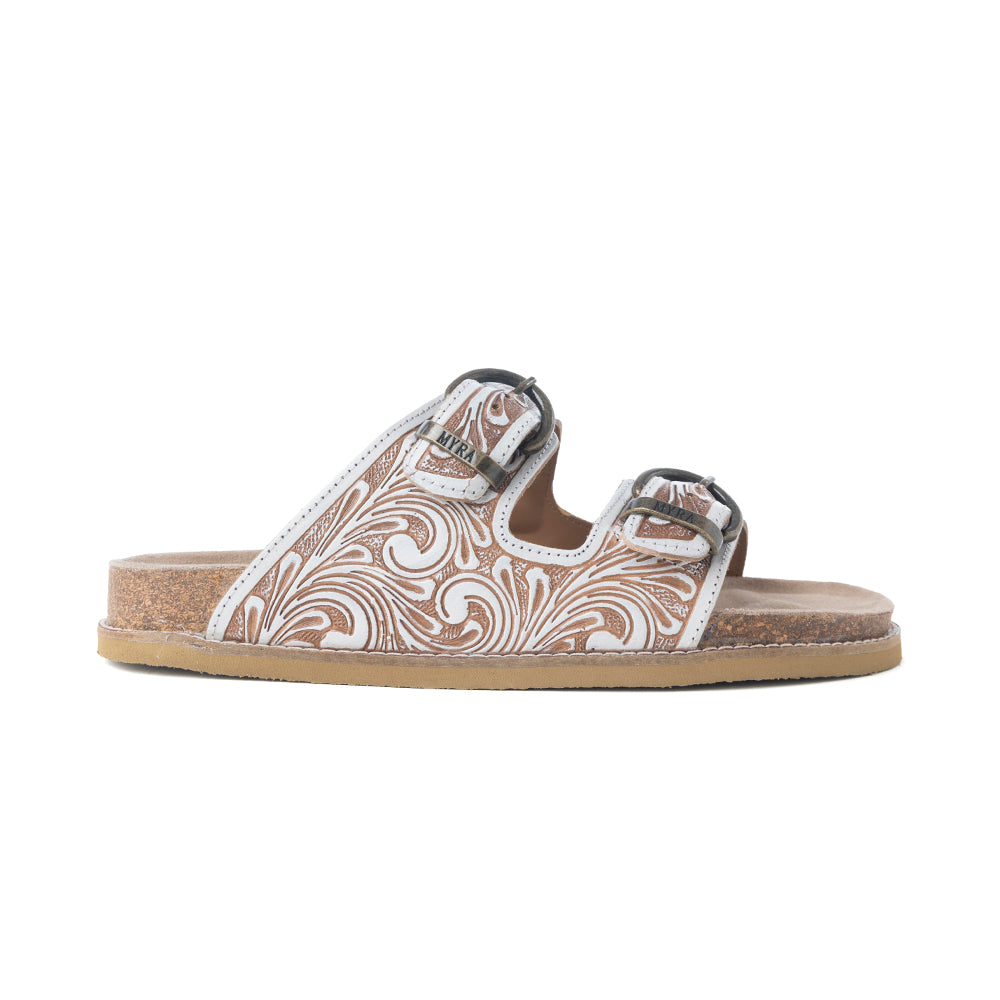 Marlowe Western Handtooled Leather Sandals in Ivory Bloom