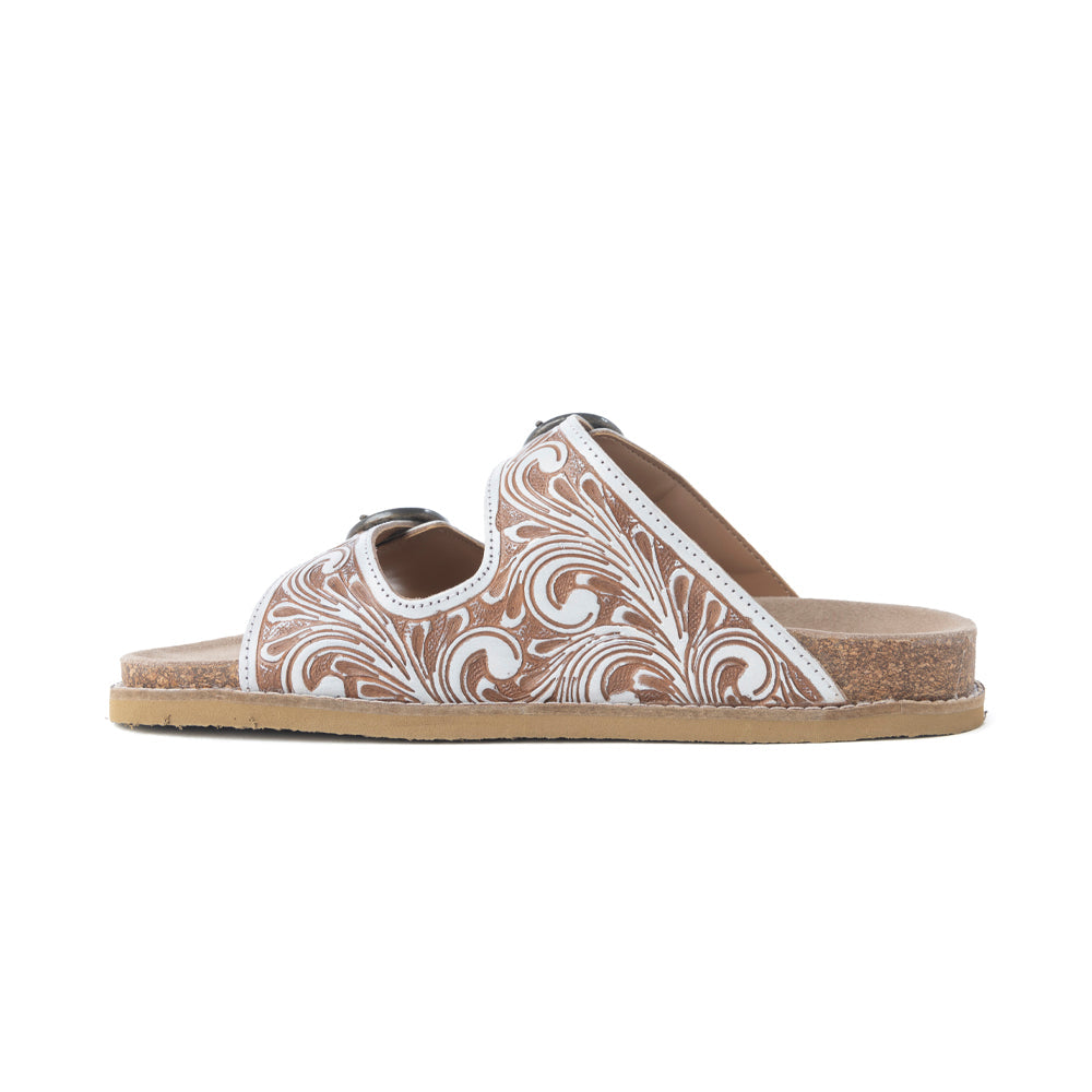 Marlowe Western Handtooled Leather Sandals in Ivory Bloom