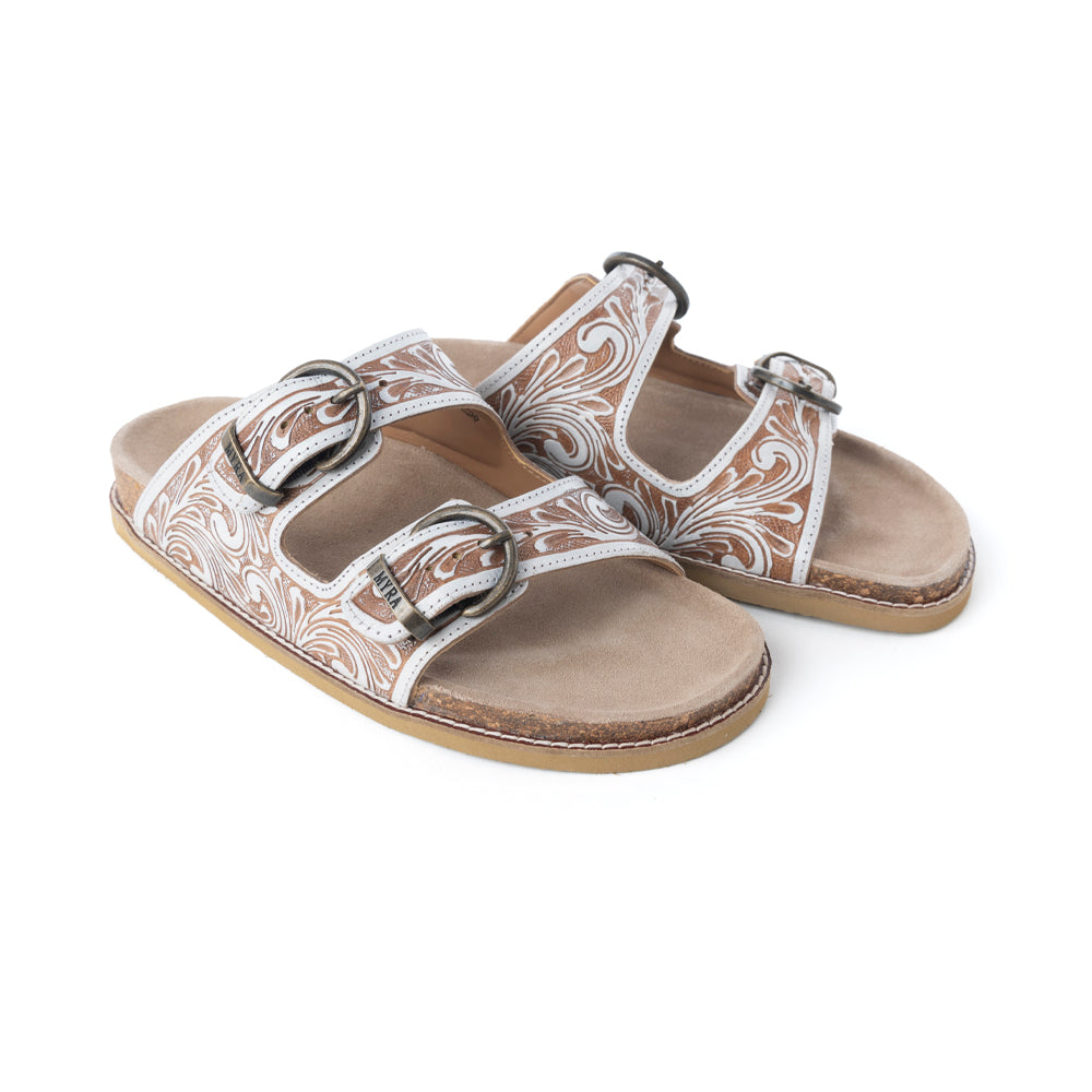 Marlowe Western Handtooled Leather Sandals in Ivory Bloom