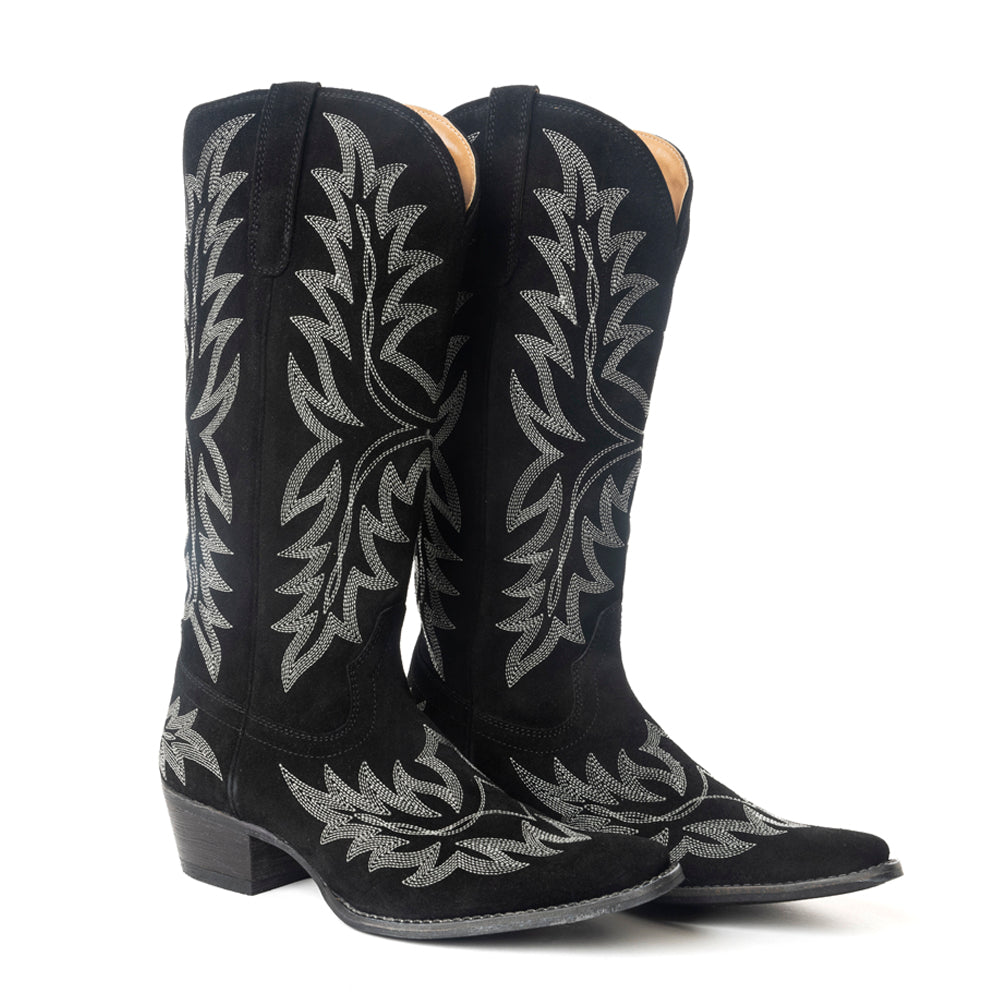 Midnight Trail Embroidered Leather Boots in Shadow Black