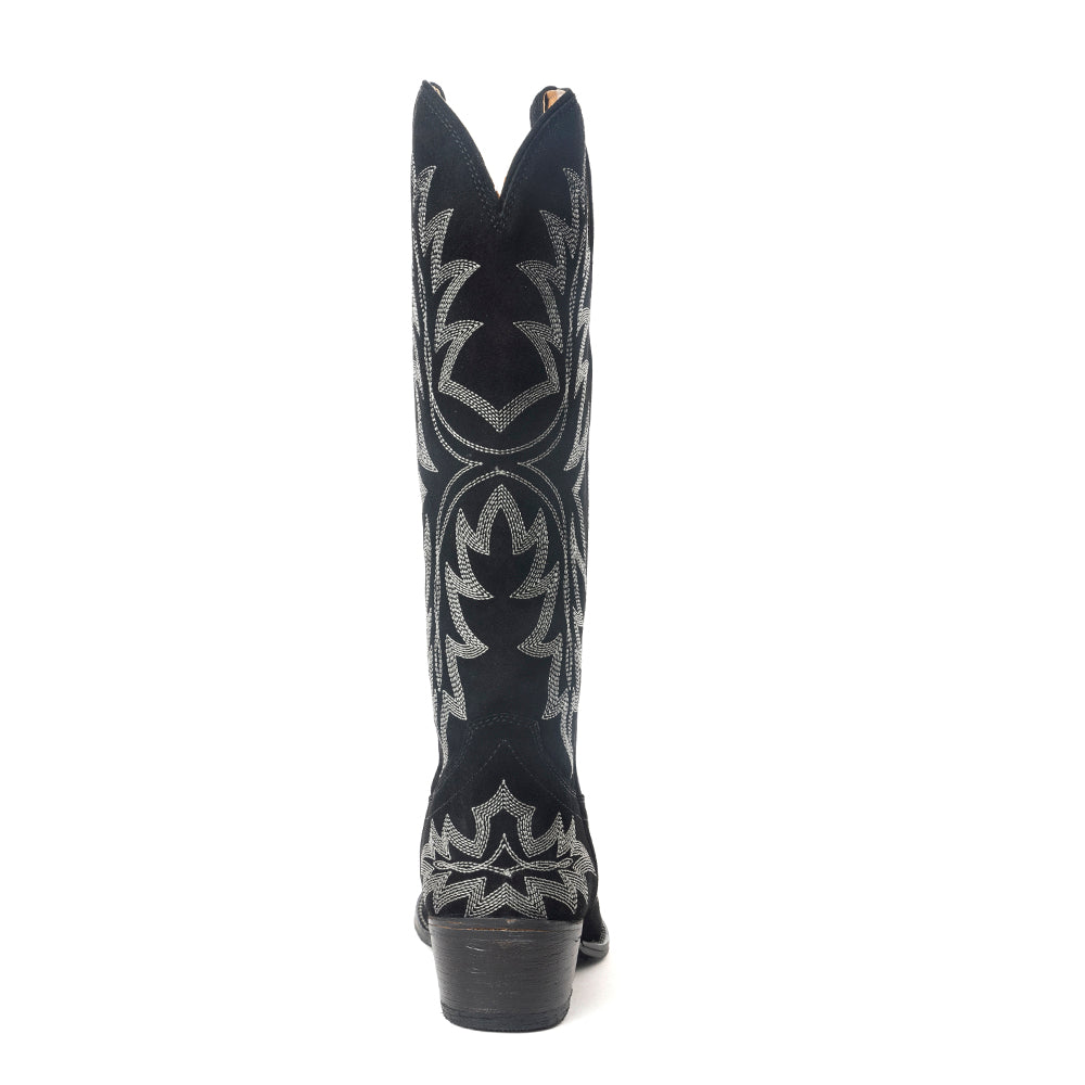 Midnight Trail Embroidered Leather Boots in Shadow Black