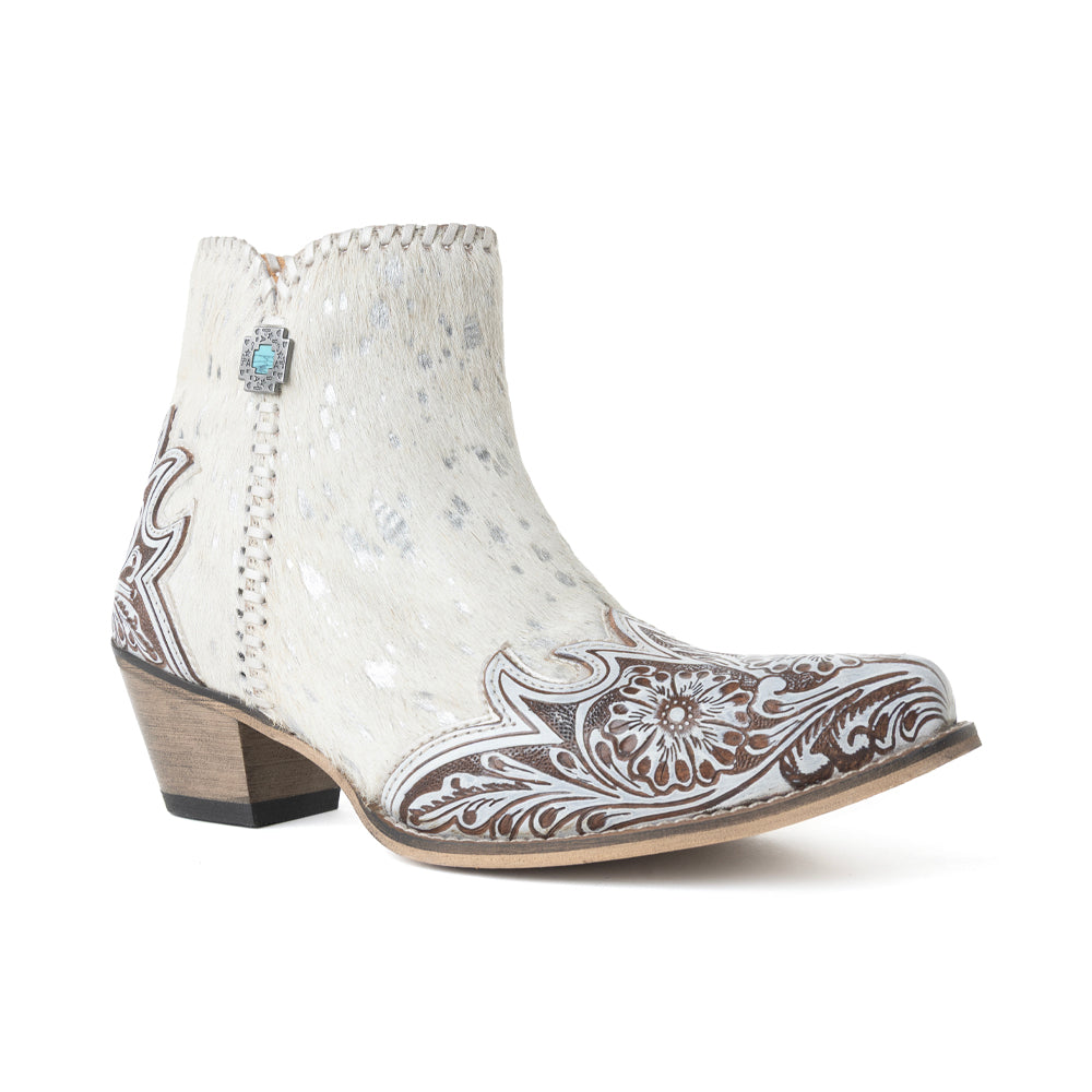 Sierra Belle Handtooled Leather Booties in Almond White