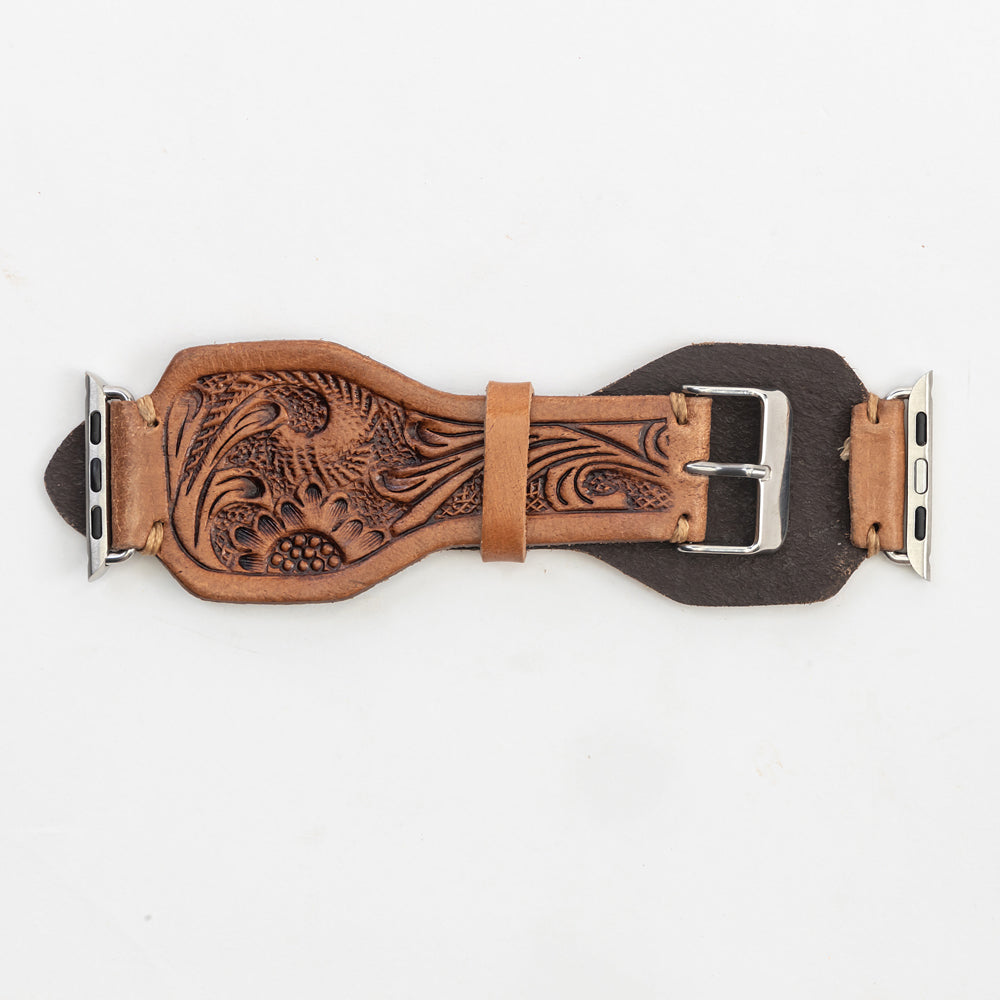 Lone Star Handtooled Leather Watch Band in Antique Saddle Brown