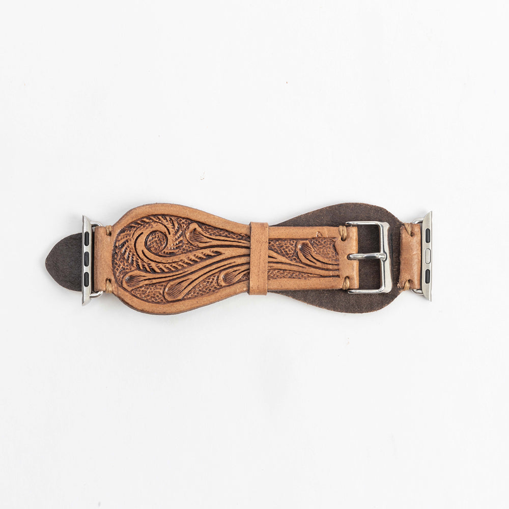 Lone Star Handtooled Leather Watch Band in Light Saddle Tan