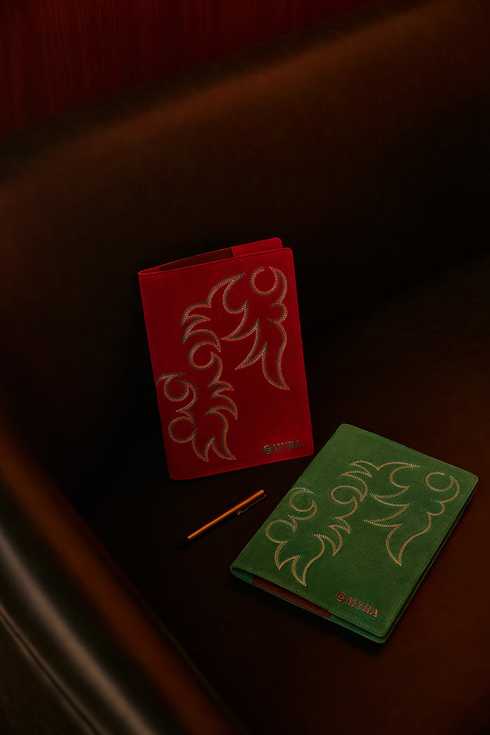 Texas Blaze Embroidered Leather Diary in Scarlet Red