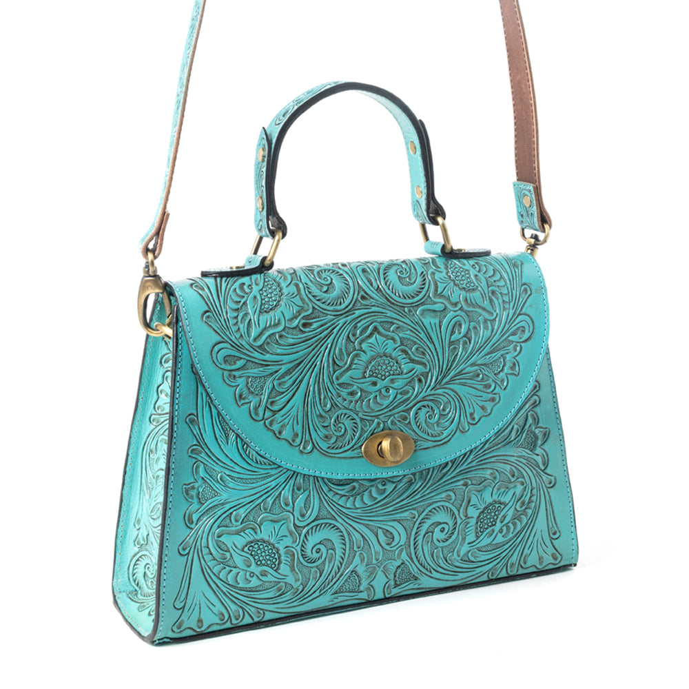 Savannah Scroll Handtooled Leather Bag in Turquoise
