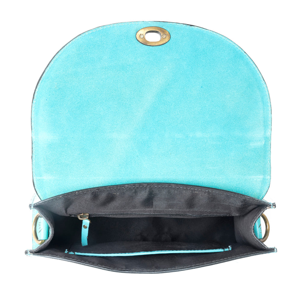 Savannah Scroll Handtooled Leather Bag in Turquoise