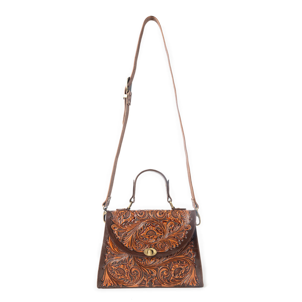 Savannah Scroll Handtooled Leather Bag in Dark Brown