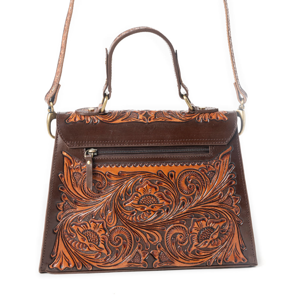 Savannah Scroll Handtooled Leather Bag in Dark Brown