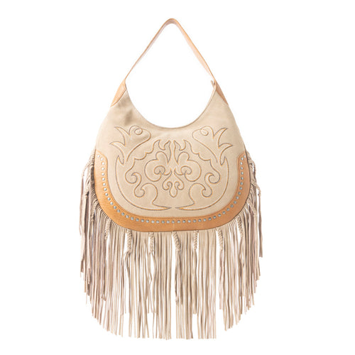 Sage Whisper Fringe Leather Bag in Beige