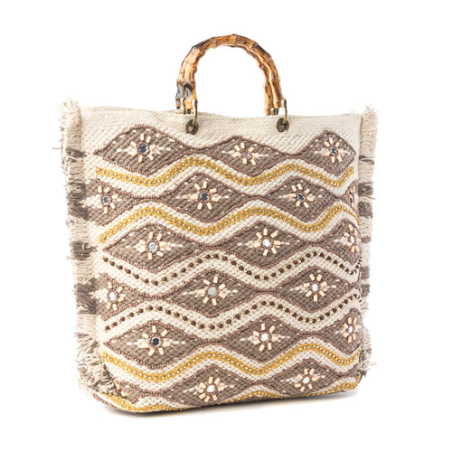 Harvest Dune Hand Embroidered Weekender Bag in Misty Taupe