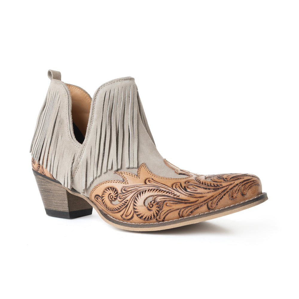Cimarron Belle Fringed Handtooled Leather Booties in Wild Tan