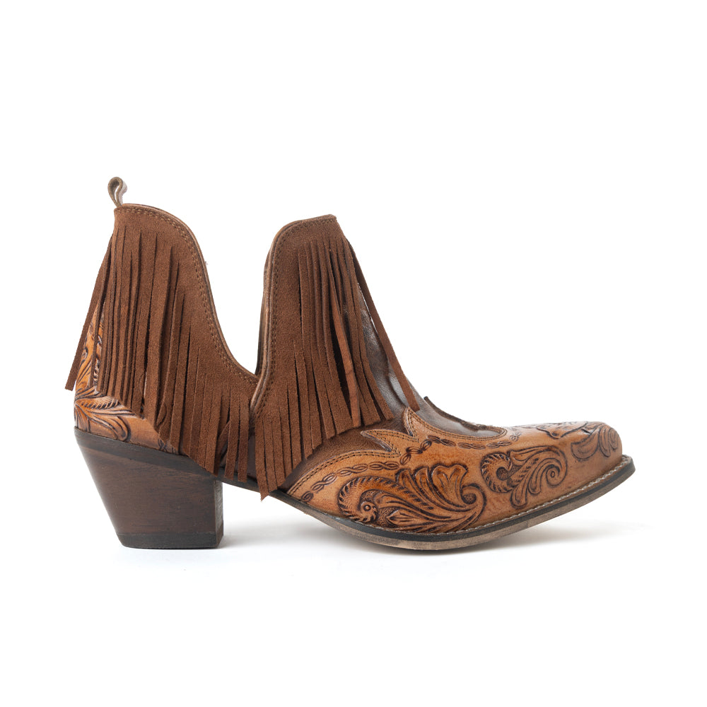 Wild Ember Fringed Handtooled Leather Booties in Golden Rust