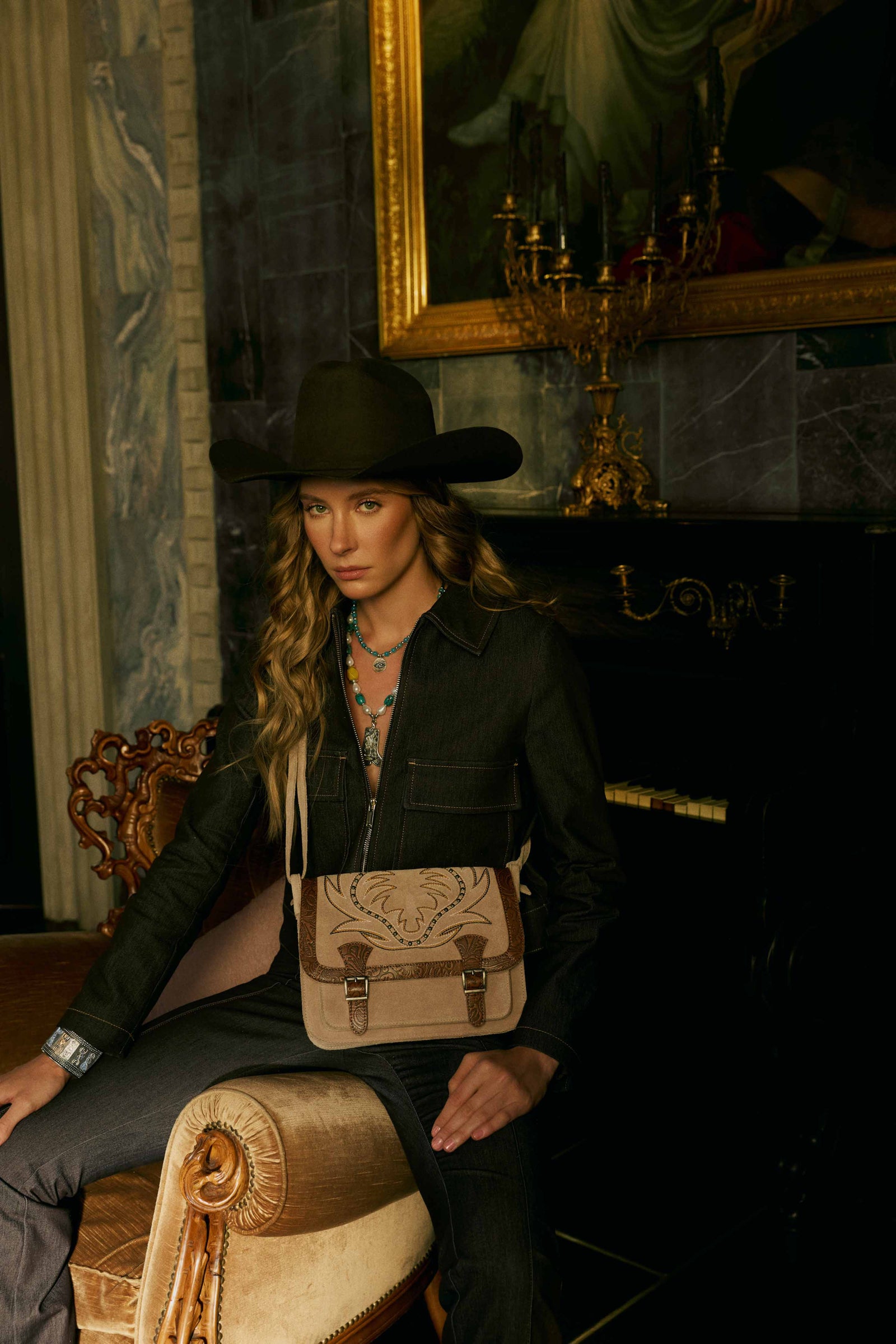 Amberwood Suede Leather Boot Embroidered Leather Bag in Amber