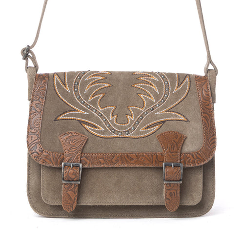 Amberwood Suede Leather Boot Embroidered Bag in Olive Taupe