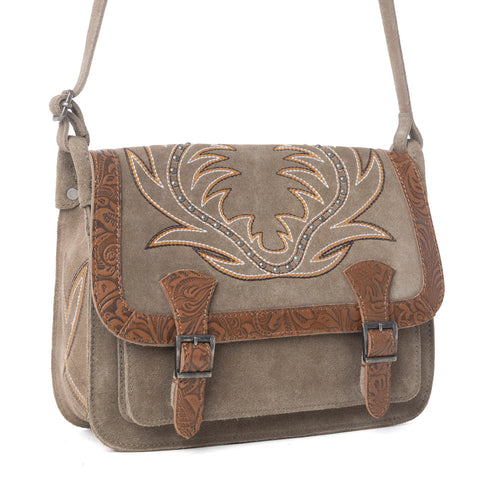 Amberwood Suede Leather Boot Embroidered Bag in Olive Taupe