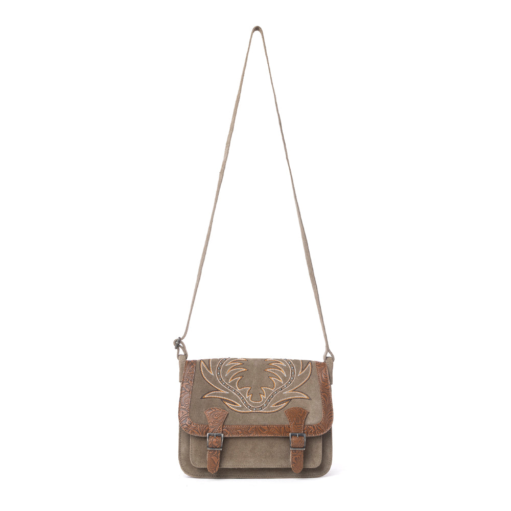 Amberwood Suede Leather Boot Embroidered Bag in Olive Taupe