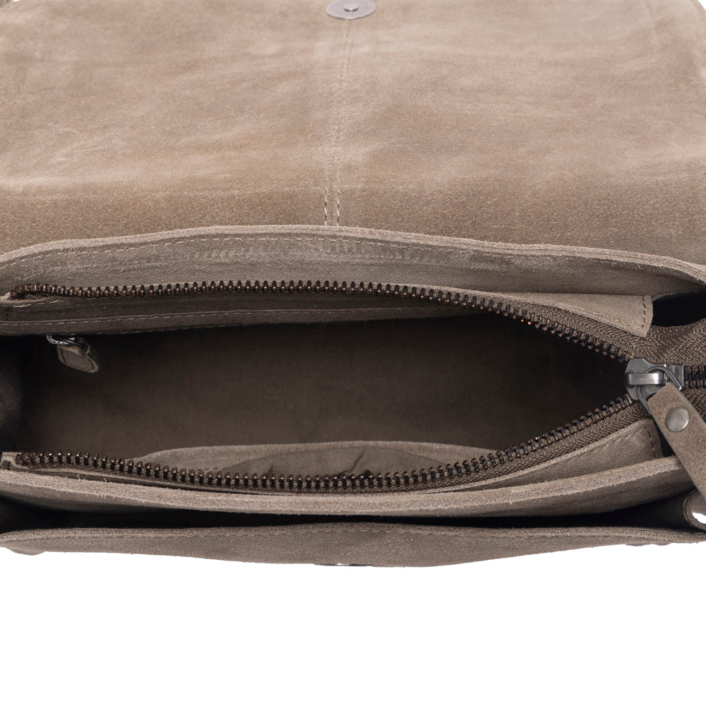Amberwood Suede Leather Boot Embroidered Bag in Olive Taupe