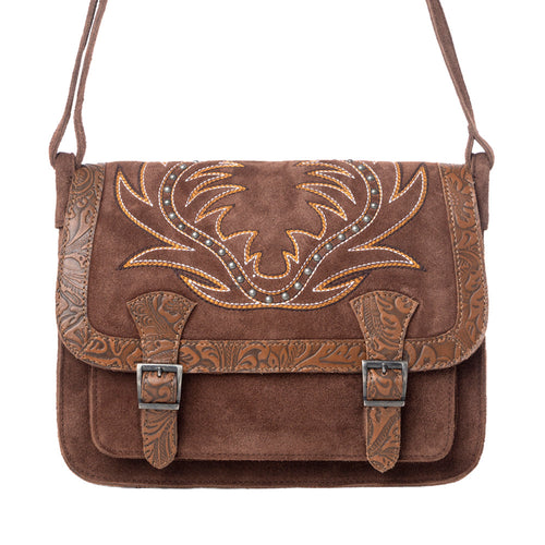 Amberwood Suede Leather Boot Embroidered Leather Bag in Chestnut Brown