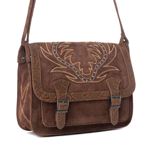 Amberwood Suede Leather Boot Embroidered Leather Bag in Chestnut Brown