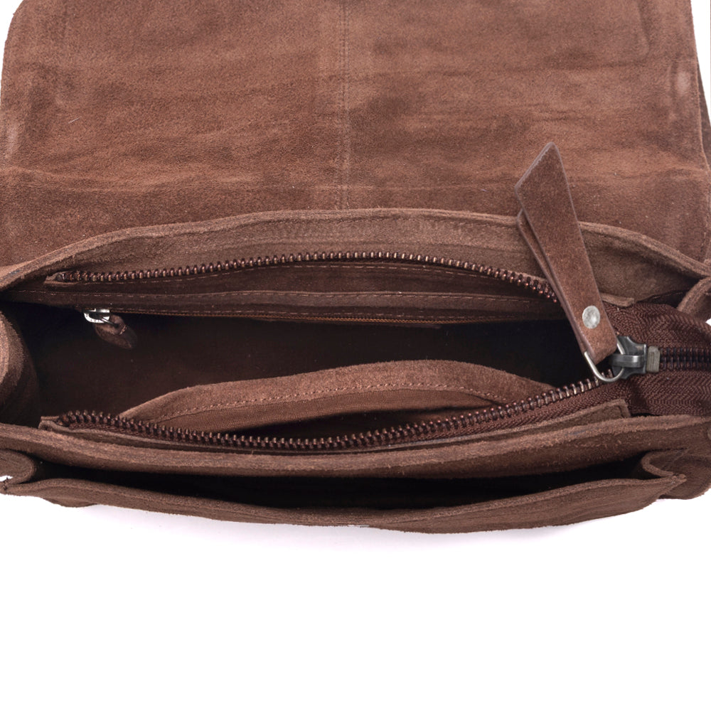 Amberwood Suede Leather Boot Embroidered Leather Bag in Chestnut Brown