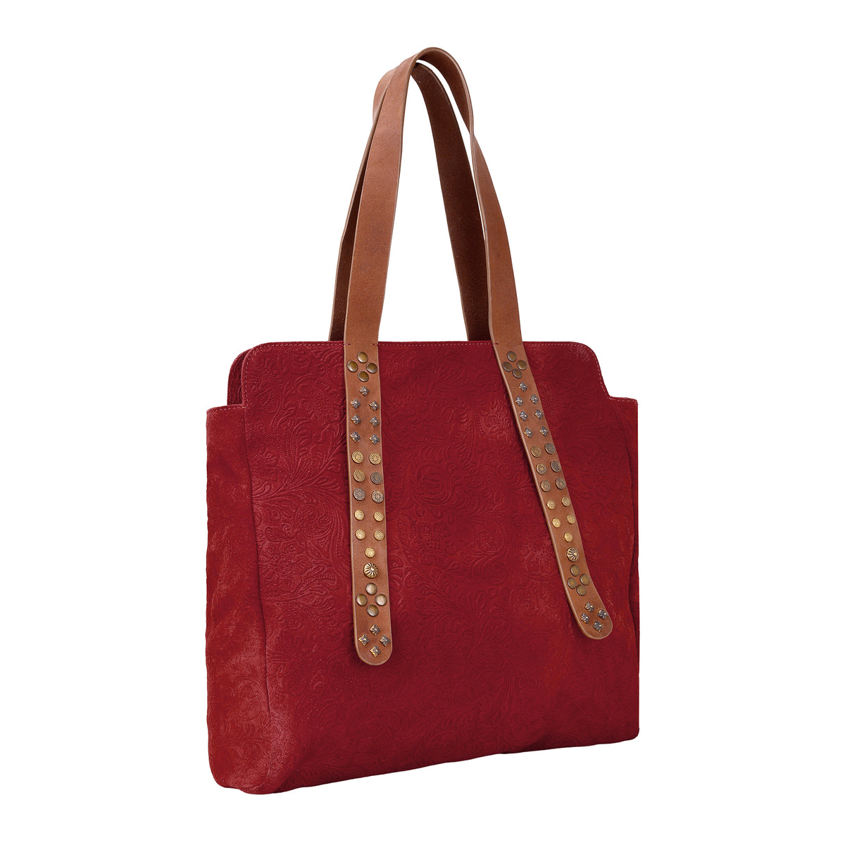 Agarita Tote Bag for Women in rust with embossed leather