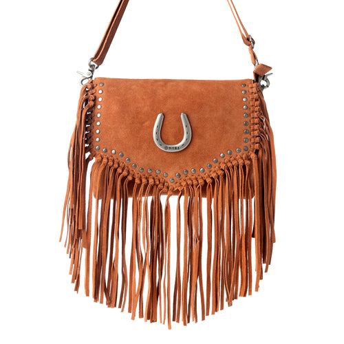 Lucky Charm Leather Bag for Women in Brown with fringe and horseshoe detail