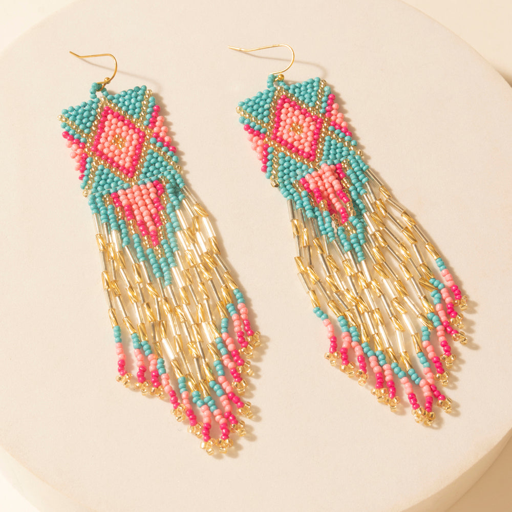 Gilded Arena Beaded Fringe Earrings in Rodeo Blue