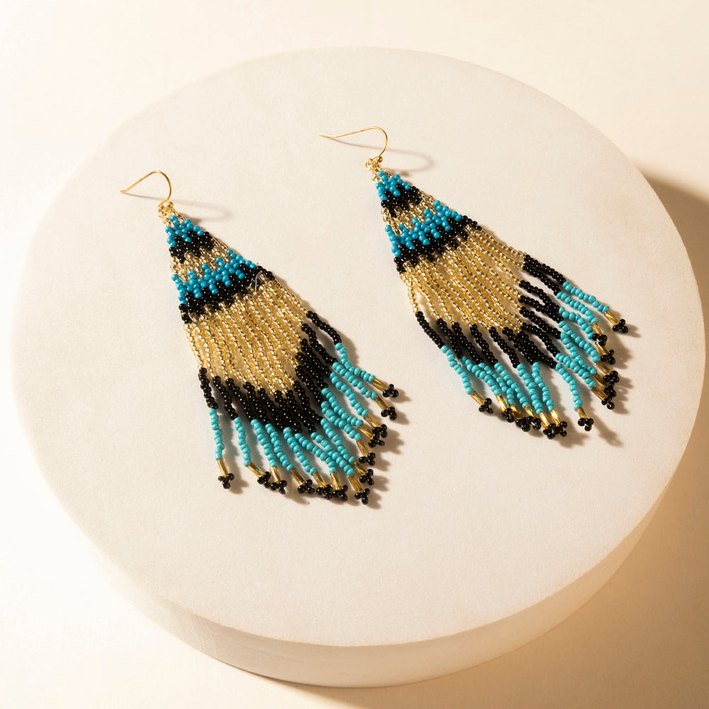 Dune Glow Beaded Fringe Earrings in Skyfall Blue