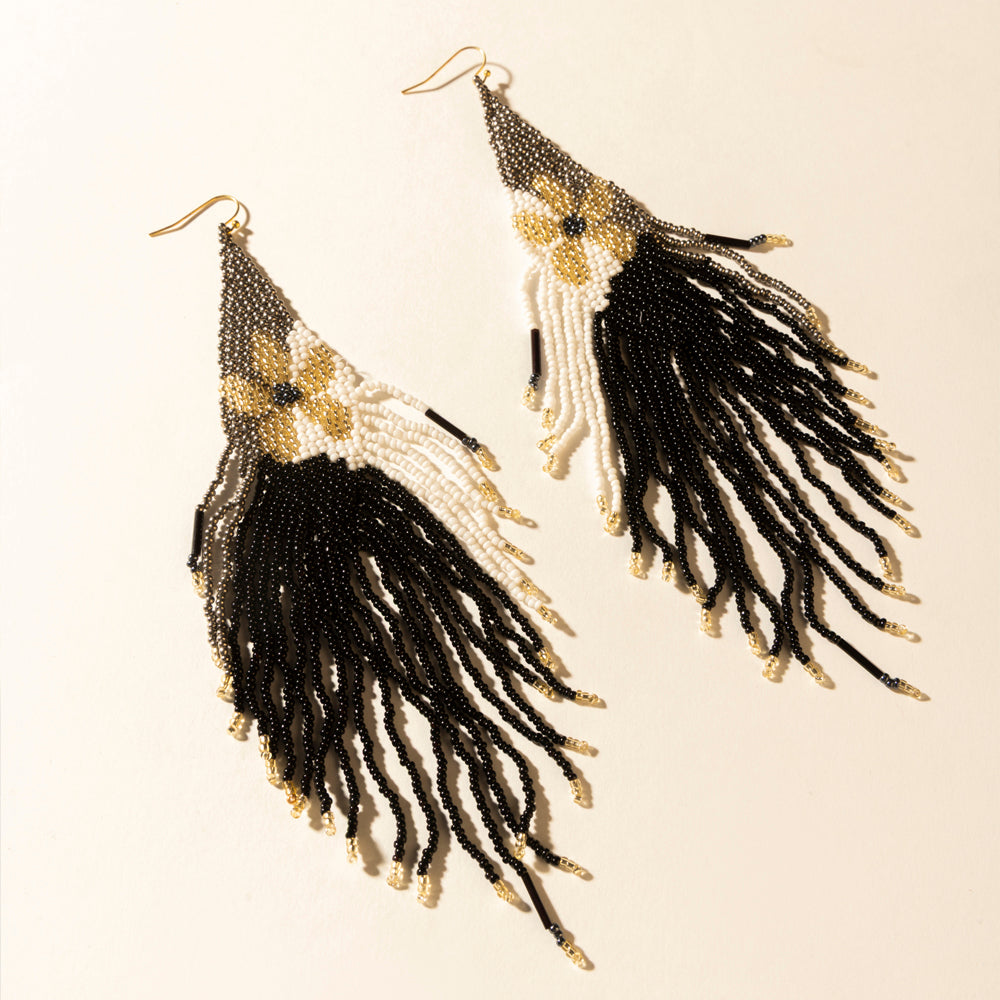 Moonlit Sage Beaded Fringe Earrings in Midnight Coal