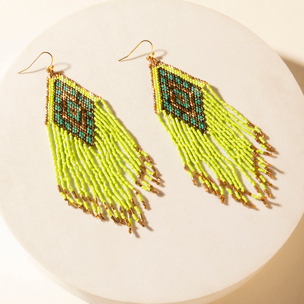 Desert Neon Beaded Fringe Earrings in Glow Green
