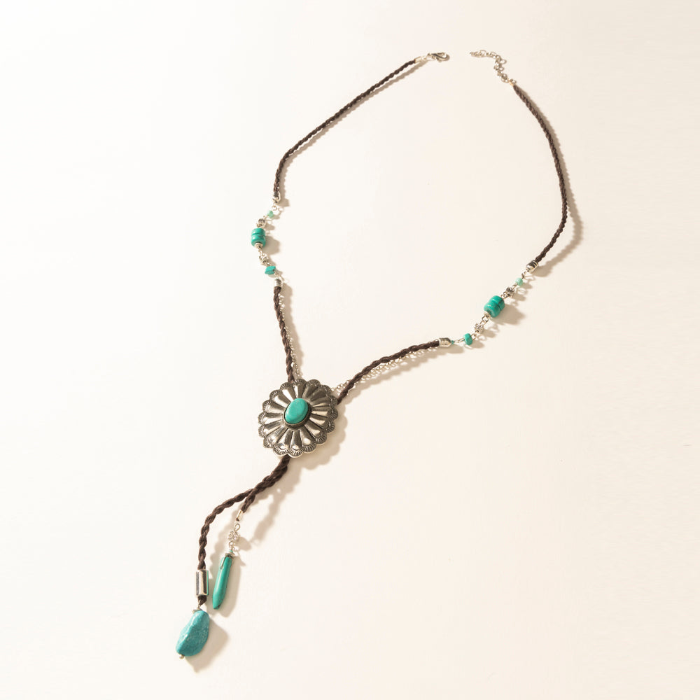 Desert Concho Leather Long Drop Necklace in Sierra Turquoise