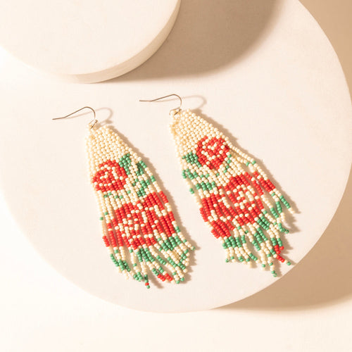 Rose Garden Beaded Fringe Earrings in Cream Ivory