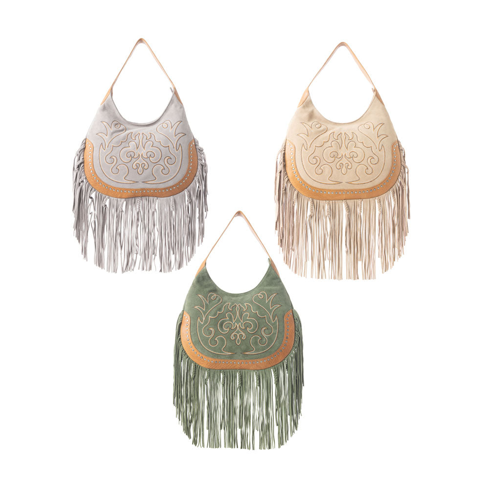 Sage Whisper Fringe Leather Bag in Beige