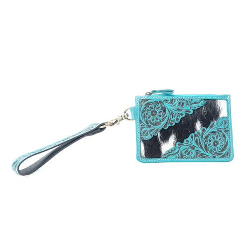 Sage River Handtooled Hairon Leather Card Holder in Frontier Aqua