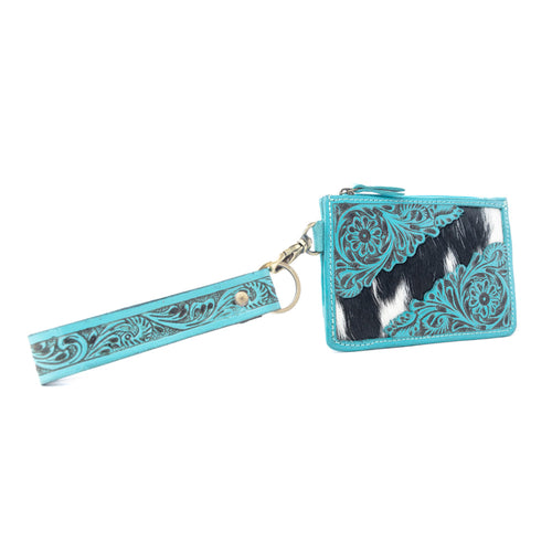 Sage River Handtooled Hairon Leather Card Holder in Frontier Aqua