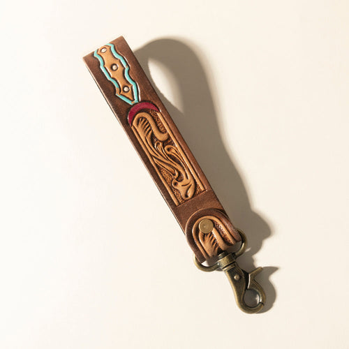 Myra Skyland Stitch Handtooled Leather Keyfob in Cactus Blue