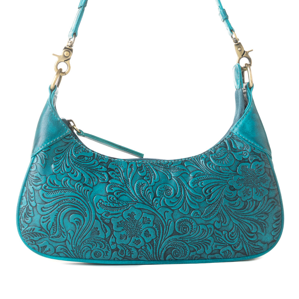 Heritage Vine Embossed Leather Bag for Women in turquoise with shoulder strap