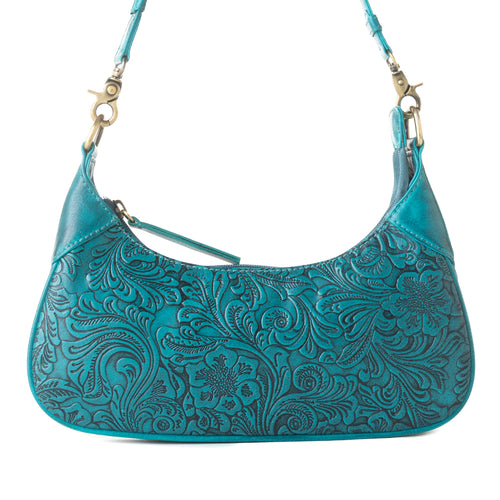 Heritage Vine Embossed Leather Bag for Women in turquoise with shoulder strap