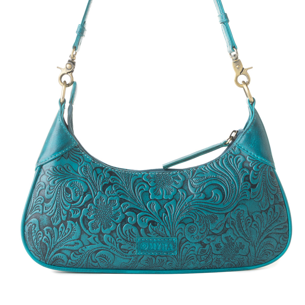 Heritage Vine Embossed Leather Bag for Women in turquoise with shoulder strap