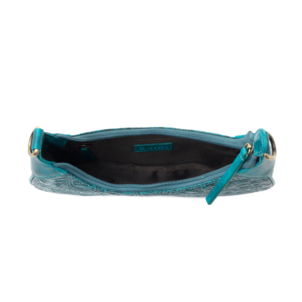 Heritage Vine Embossed Leather Bag for Women in turquoise with shoulder strap