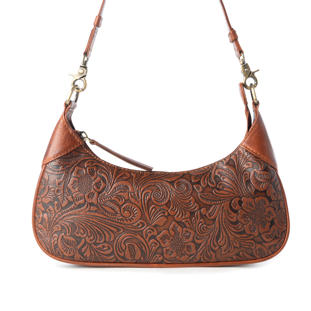 Heritage Vine Embossed Leather Bag for Women in Brown with shoulder strap