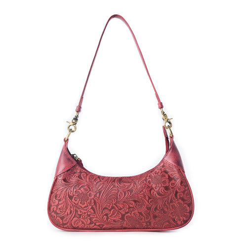 Heritage Vine Embossed Leather Bag for Women in Red with shoulder strap
