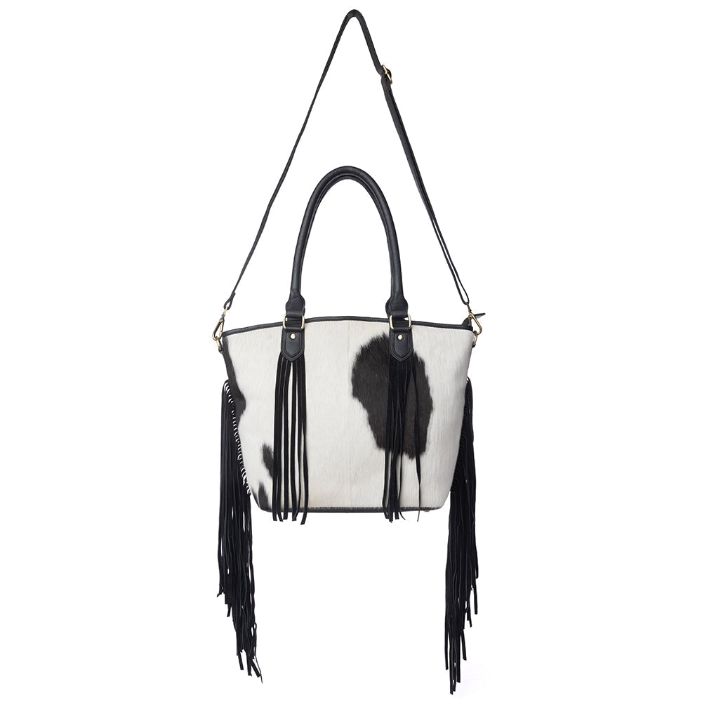 High Plains Hairon Leather Concealed Fringe Carry Bag in Ebony Bone