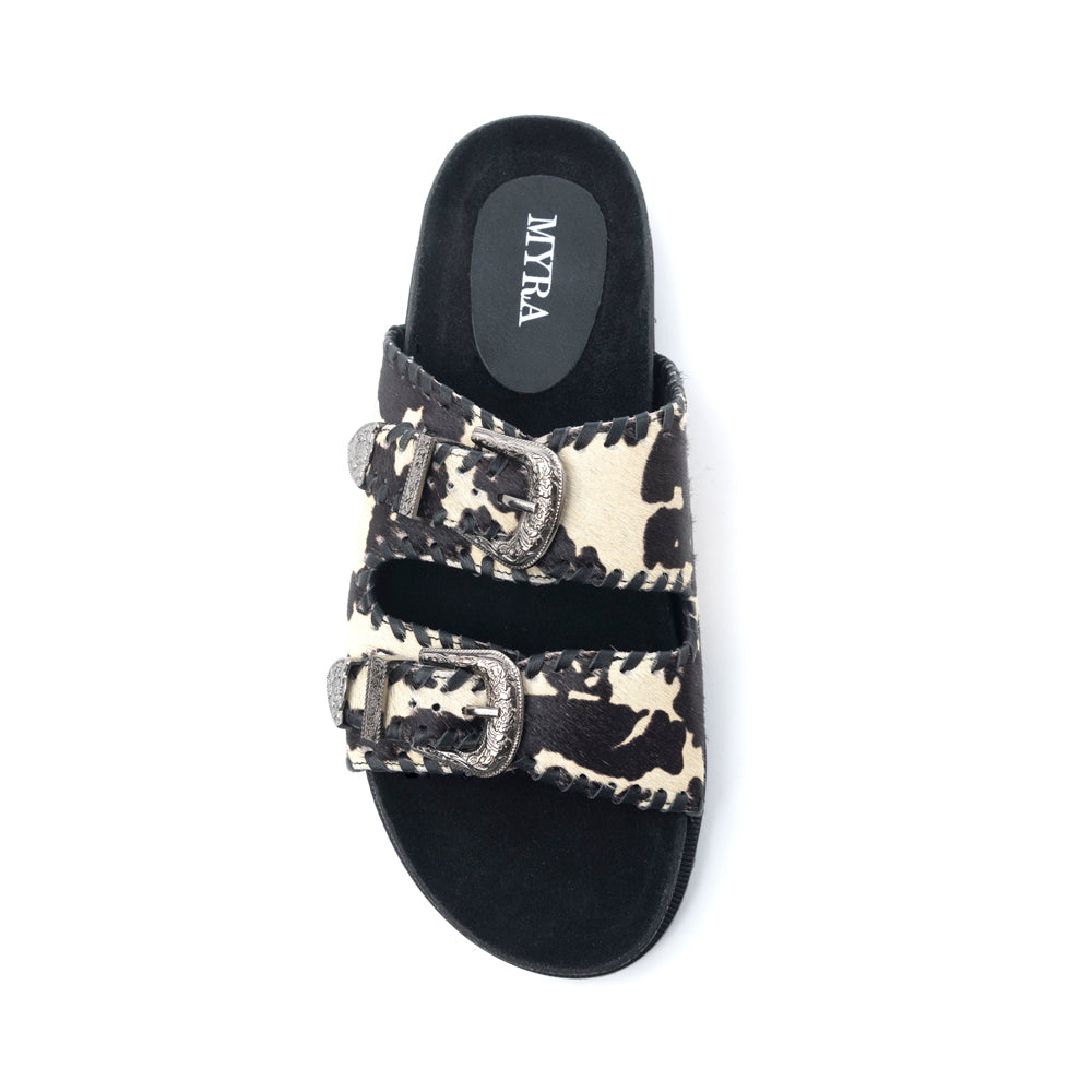 Coyote Crest Hairon Leather Sandals in Vanilla White